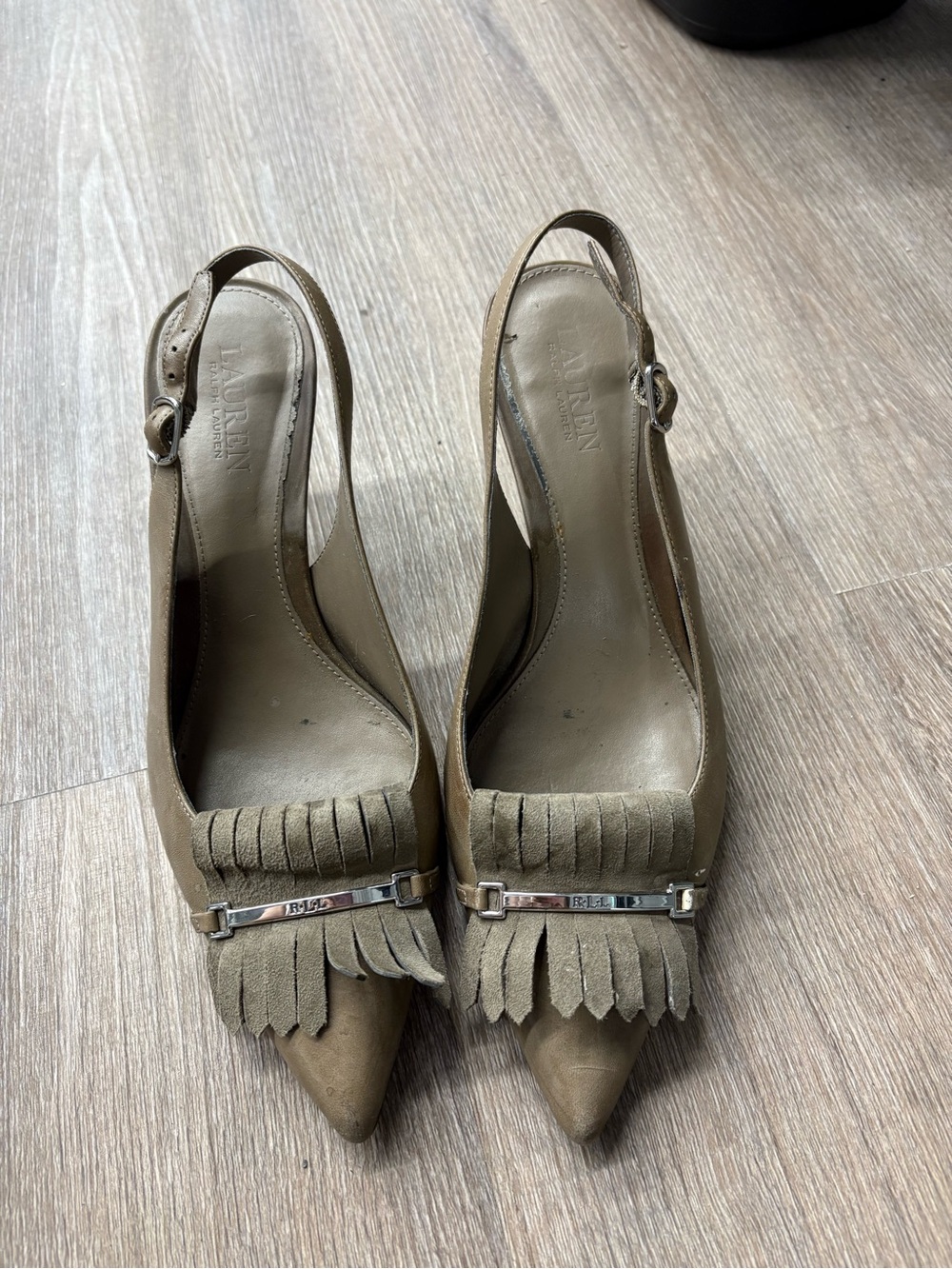 Ralph Lauren Taupe Suede Slingback Pumps with Fringe